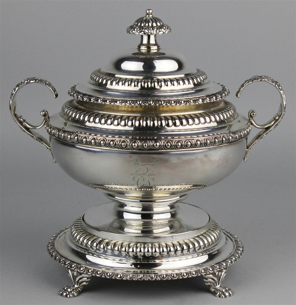 Appraisal: INDIAN COLONIAL SILVER CRESTED SAUCE TUREEN COVER AND STAND MARKED