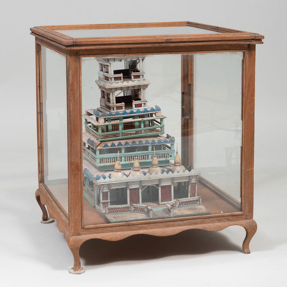 Appraisal: Indian Painted Wood Temple Model Now in a glazed table