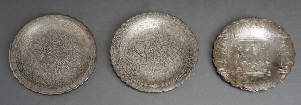 Appraisal: THREE EGYPTIAN PICTORIAL AND CALLIGRAPHIC CHASED -SILVER PLATES D LARGER