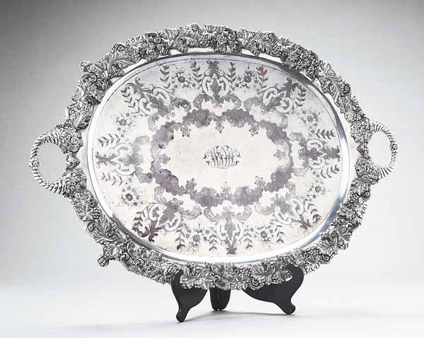 Appraisal: A Large Victorian Oval Silverplate Tray Sheffield presentation inscription of