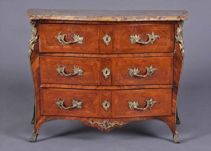 Appraisal: LOUIS XV GILT-METAL MOUNTED KINGWOOD PARQUETRY COMMODE The serpentine-fronted marble