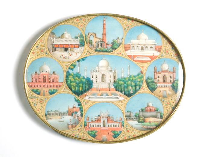 Appraisal: HAND PAINTED INDIAN OVAL GOLD FRAMED ORNAMENTAL PLAQUE having architectural