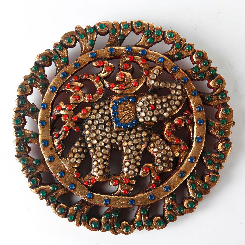 Appraisal: MEDALLION WOODEN ELEPHANT WALL PLAQUE Carved wood gold base wall