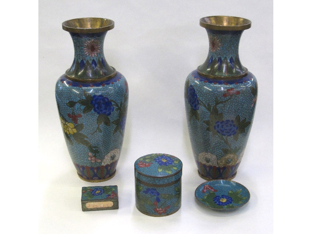 Appraisal: Pair of cloisonne vases box cover dish and matchbox holder