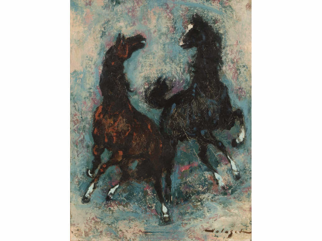 Appraisal: Holuget French mid th c Two Horses oil on canvas