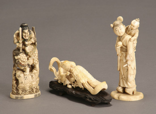 Appraisal: Three Japanese Carved Ivory Groups Okimono Meiji-Taisho - The first