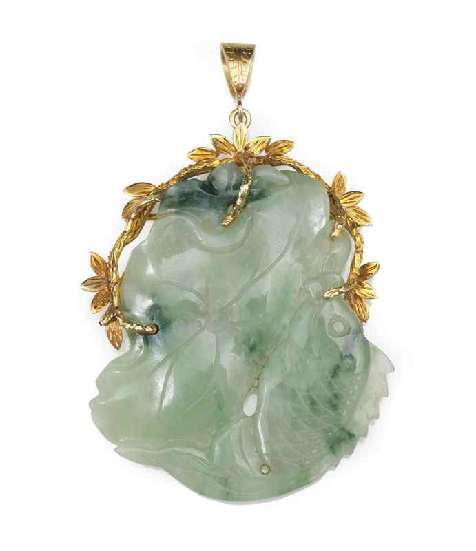 Appraisal: K JADE PENDANT BROOCH K yellow gold branch motif frame