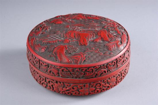 Appraisal: CHINESE CINNABAR BOX AND COVER Early th century Riverscape decoration