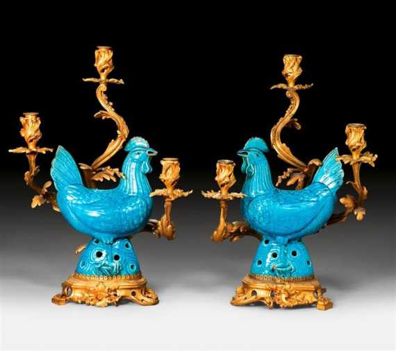 Appraisal: PAIR OF CANDELABRAS WITH PORCELAIN HENS Louis XV the porcelain