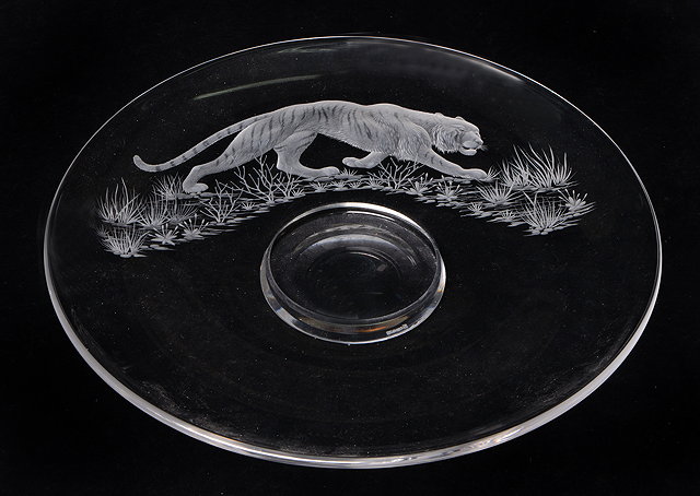 Appraisal: A STUART CRYSTAL GLASS PLATE engraved tiger design monogrammed MF