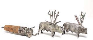 Appraisal: Sterling Silver Bull Comprising wine stopper and two toothpick holders