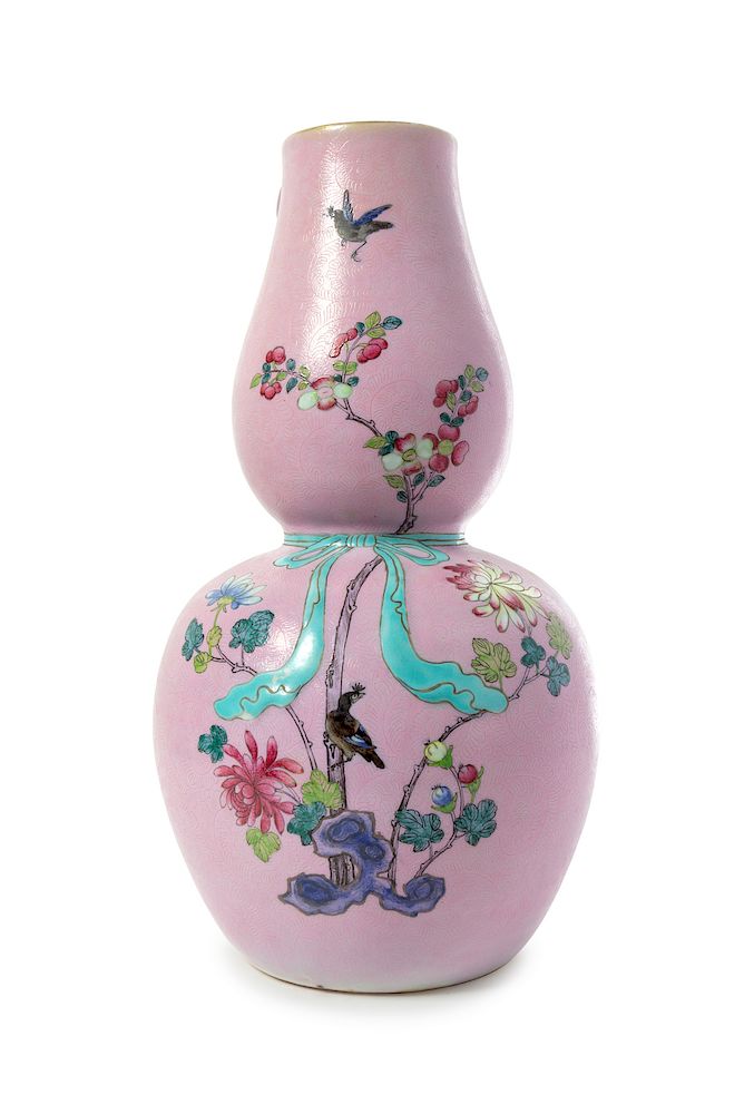 Appraisal: A Pink Ground Famille Rose Gourd-Form Vase Height in cm