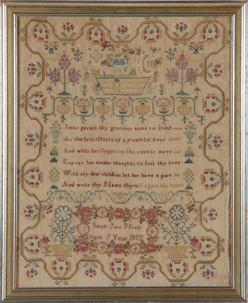 Appraisal: Early schoolgirl needlework sampler dated probably American or English ornately