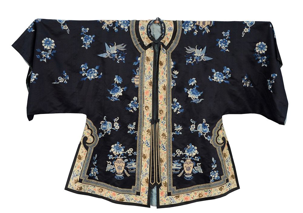 Appraisal: Chinese Silk Embroidered Robe navy blue with embroidered flowers and