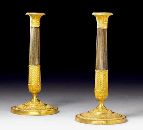 Appraisal: PAIR OF GILT BRONZE CANDLE HOLDERS Restauration Paris circa H