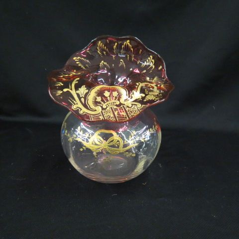 Appraisal: Cranberry to Clear Art Glass Vase jack-in-the-pulpit style enameled goldwork