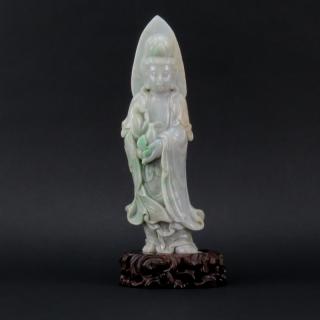 Appraisal: Antique Chinese Carved Light Green Jade Guanyin Sculpture on Wooden