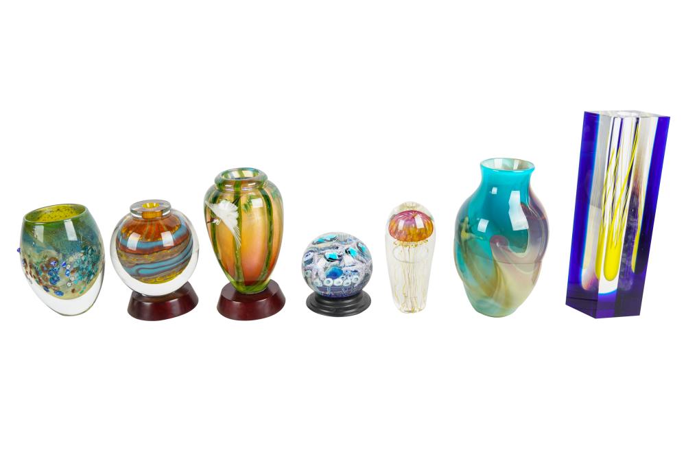 Appraisal: SEVEN ASSORTED ART GLASS OBJECTScontemporary comprising five vases one globe