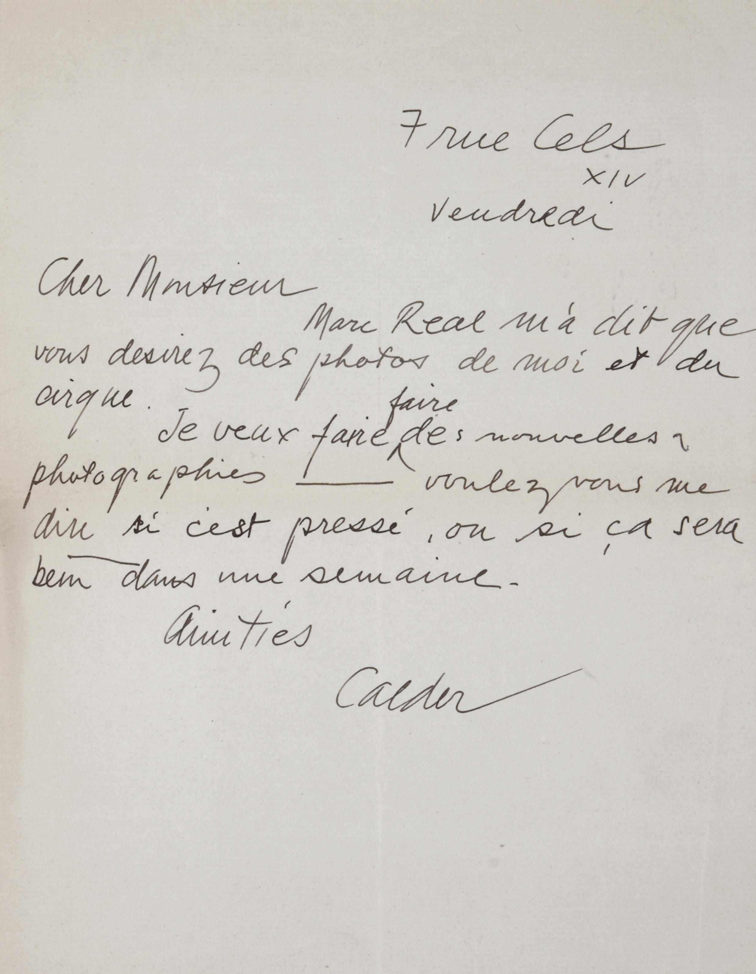 Appraisal: CALDER ALEXANDER - Autograph Letter Signed ''Calder'' in French p