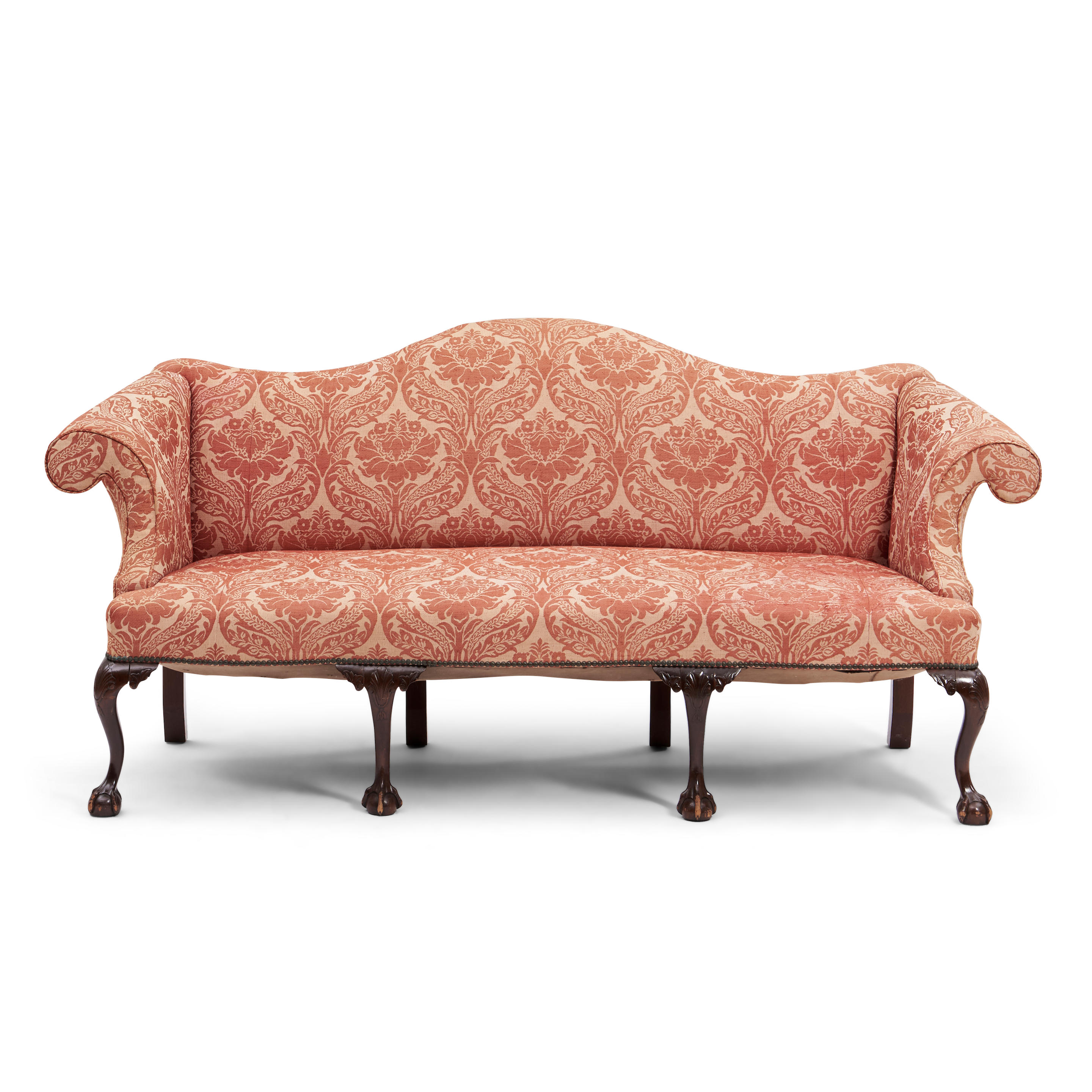 Appraisal: Chippendale-style Mahogany Camelback Sofa with carved legs ending in claw-and-ball