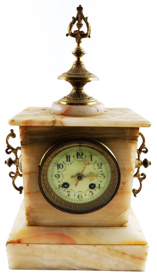 Appraisal: French figured white marble shelf clock c attractive brass side