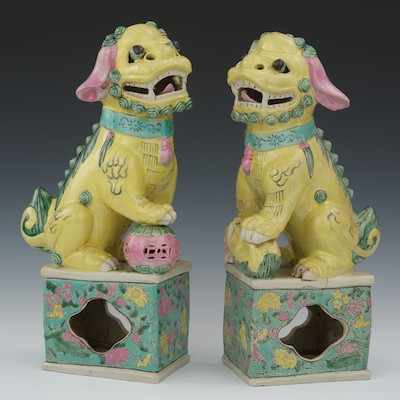 Appraisal: A Pair of Jeune Famille Decorated Foo Dogs ca Yellow