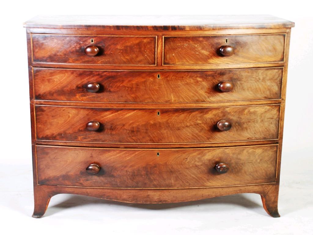 Appraisal: EARLY NINETEENTH CENTURY FIGURED MAHOGANY BOW FRONTED CHEST OF DRAWERS