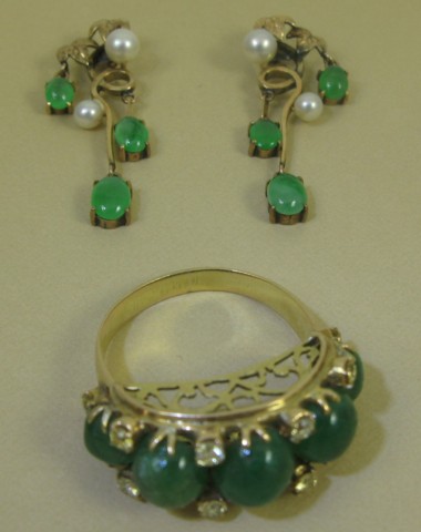 Appraisal: THREE ARTICLES OF GREEN JADE JEWELRY including a jade diamond