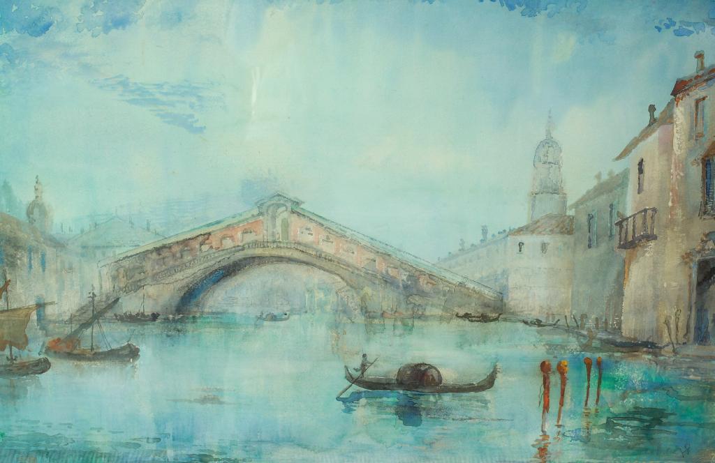 Appraisal: THE RIALTO BRIDGE VENICE WATERCOLOUR th century monogrammed HP lower