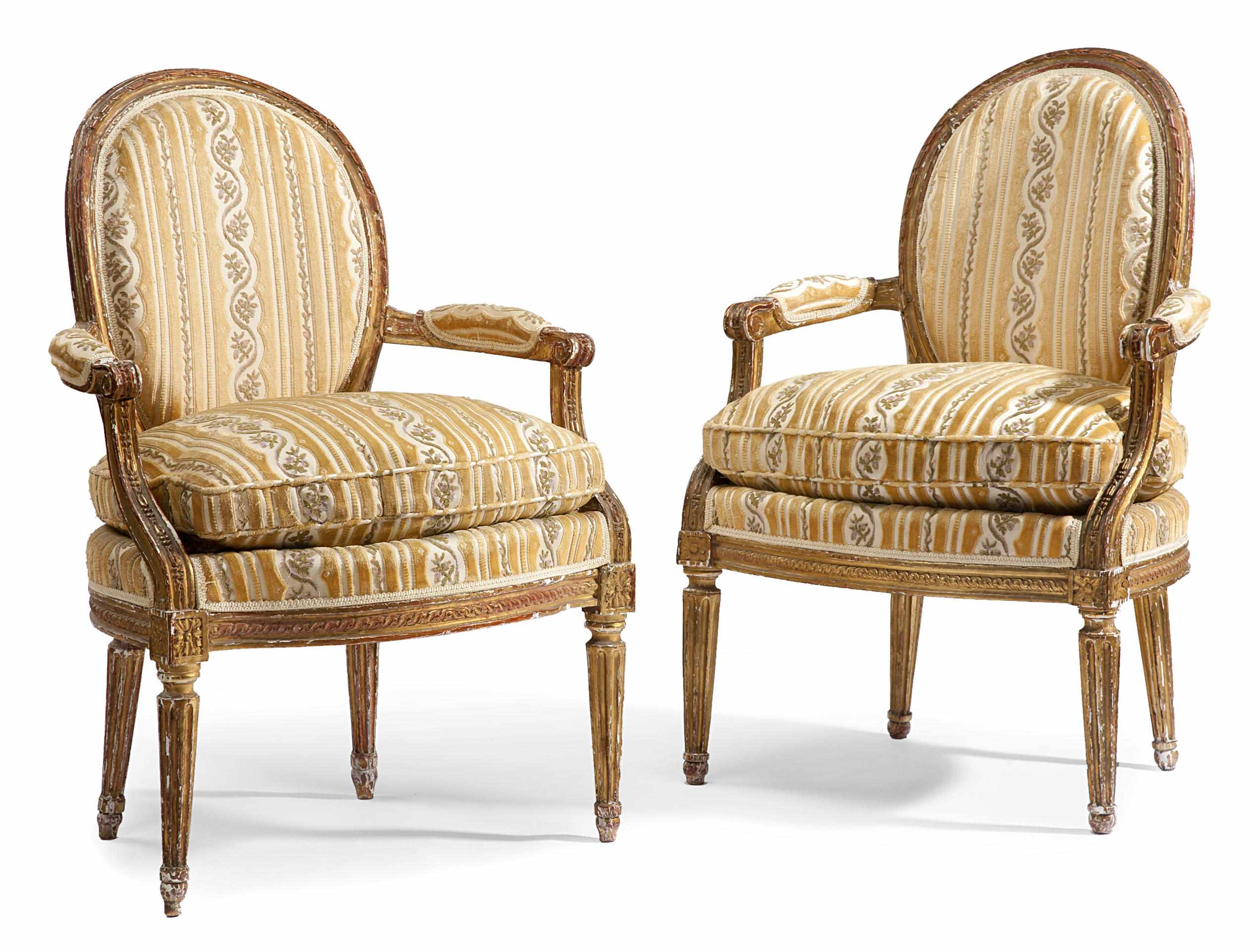 Appraisal: A pair of Louis XVI carved giltwood fauteuils en cabriolet