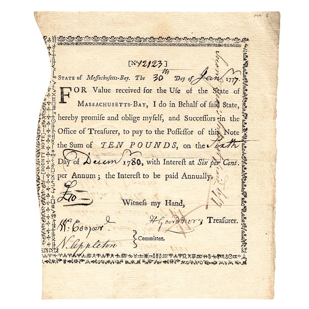 Appraisal: Massachusetts Interest-Bearing Bounty Note Revolutionary War Anderson MA- American Revolution