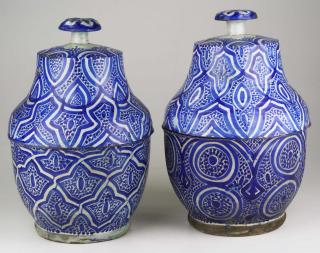 Appraisal: Pair Of Th C Moroccan Pottery Covered Jars Or Urns