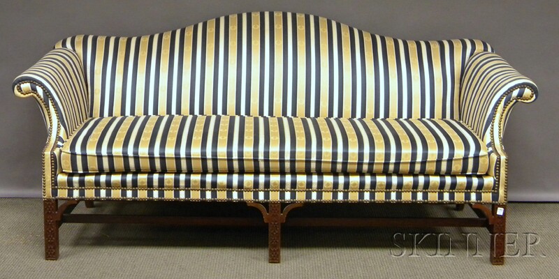 Appraisal: Chinese Chippendale-style Striped Damask Upholstered Camel-back Carved Mahogany Sofa overall