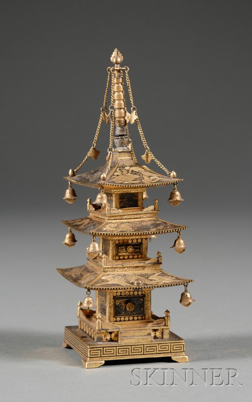 Appraisal: Iron Pagoda Japan Meiji period - iron with gold inlay