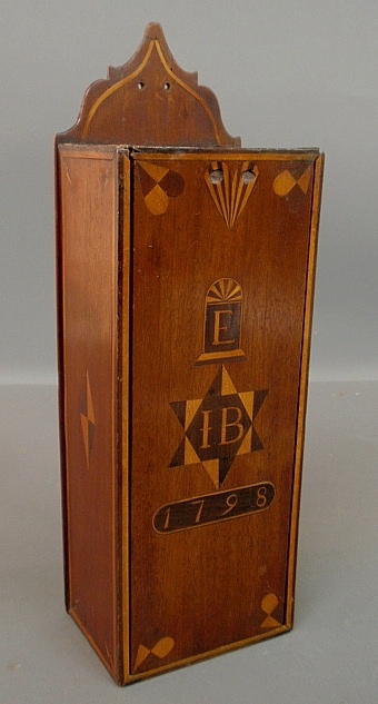 Appraisal: - Connecticut mahogany slide-lid hanging candle box dated inlaid with