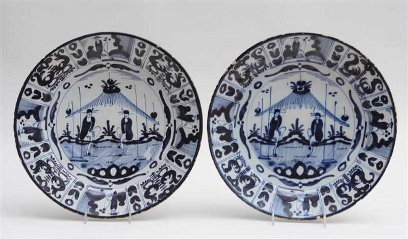 Appraisal: PAIR OF DUTCH DELFT BLUE AND WHITE CHARGERS Marked in