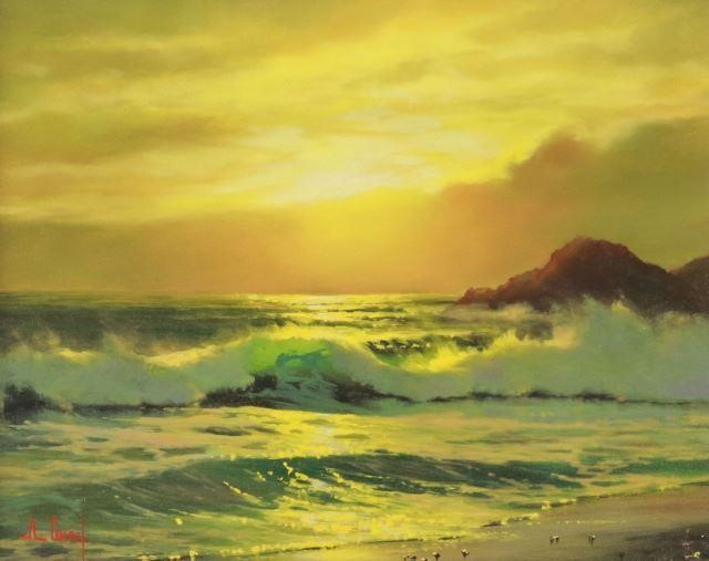 Appraisal: Framed oil on board painting Waves at Sunset signed lower