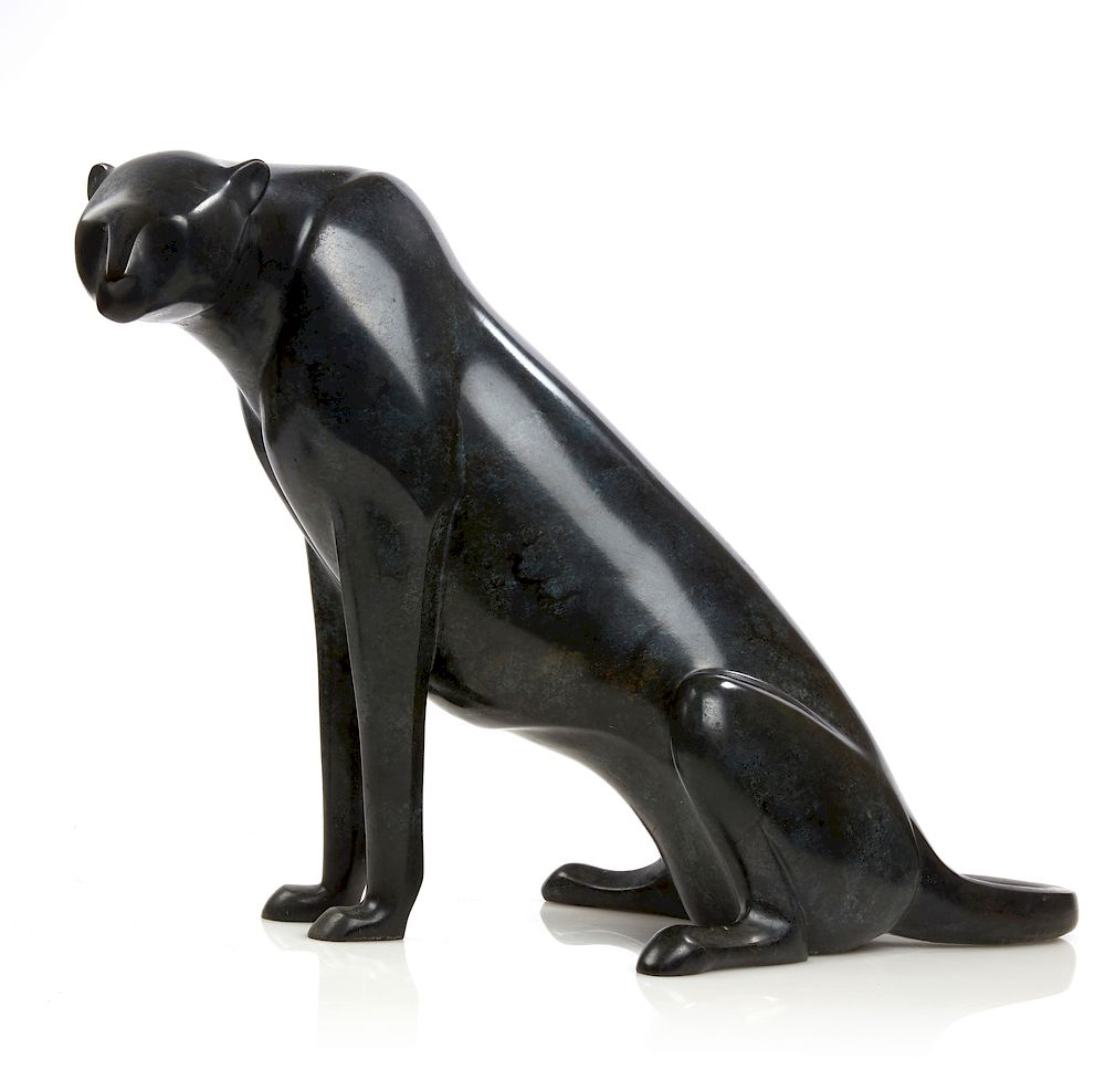 Appraisal: Bronze Loet Vanderveen - Cheetah Black bronze cheetah sculpture by