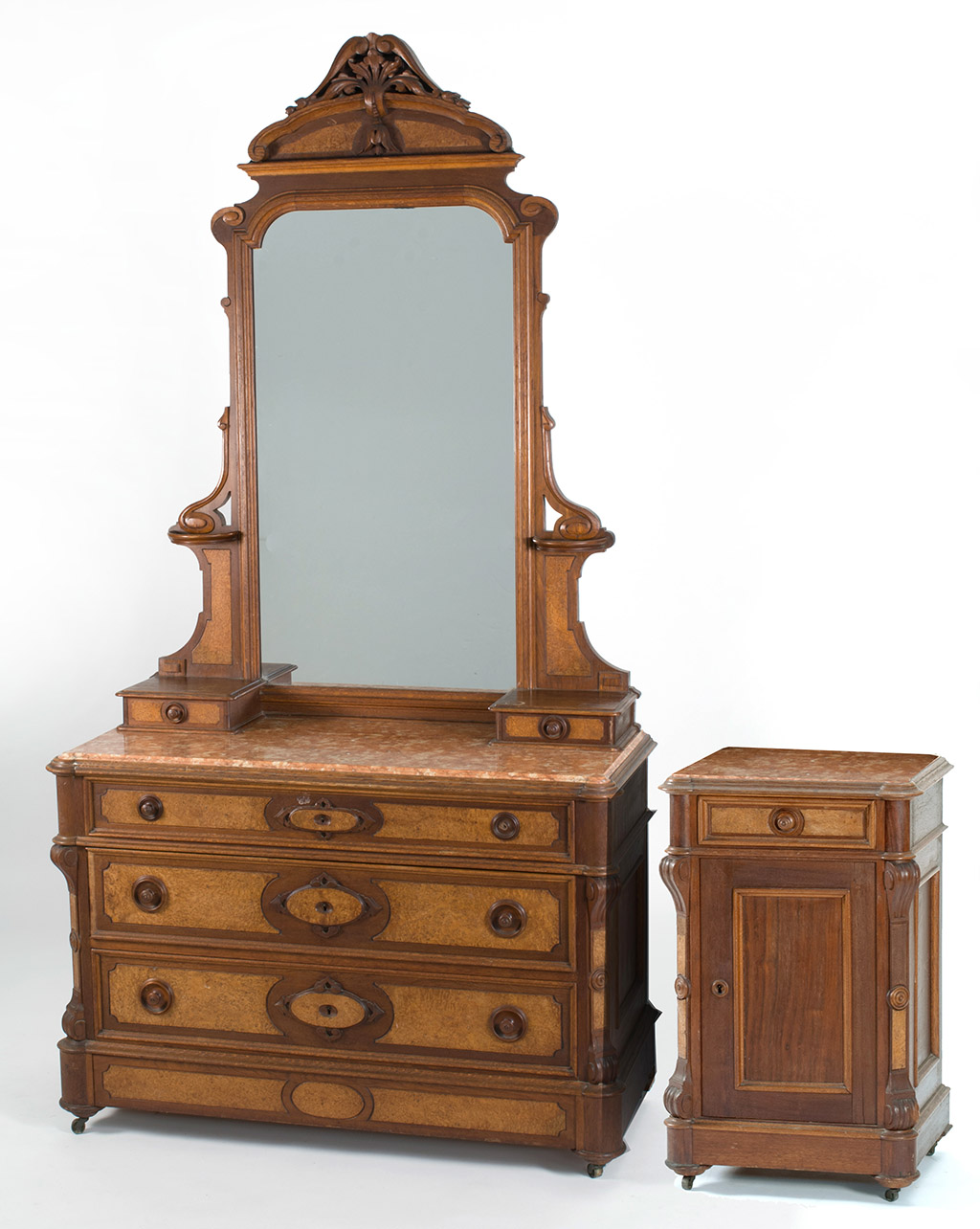 Appraisal: VICTORIAN MARBLE-TOP DRESSER WITH ATTACHED MIRROR in walnut and burled