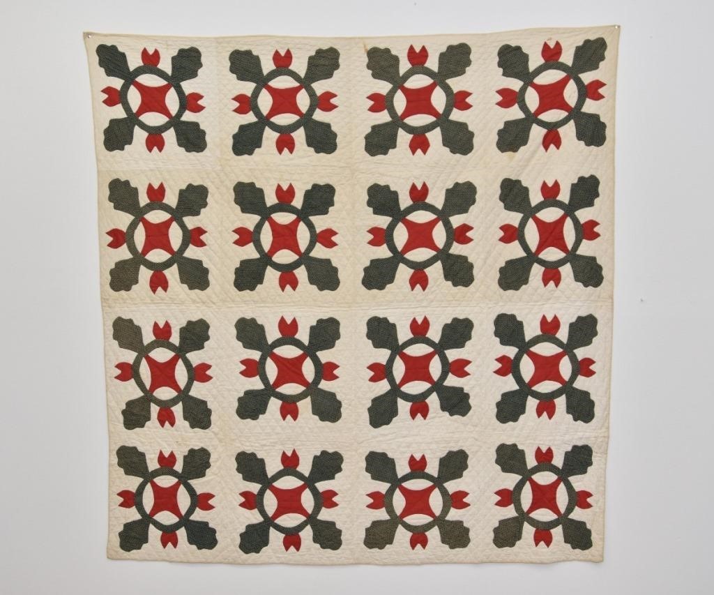 Appraisal: Pennsylvania applique quilt with oak leaves and tulips x Provenance