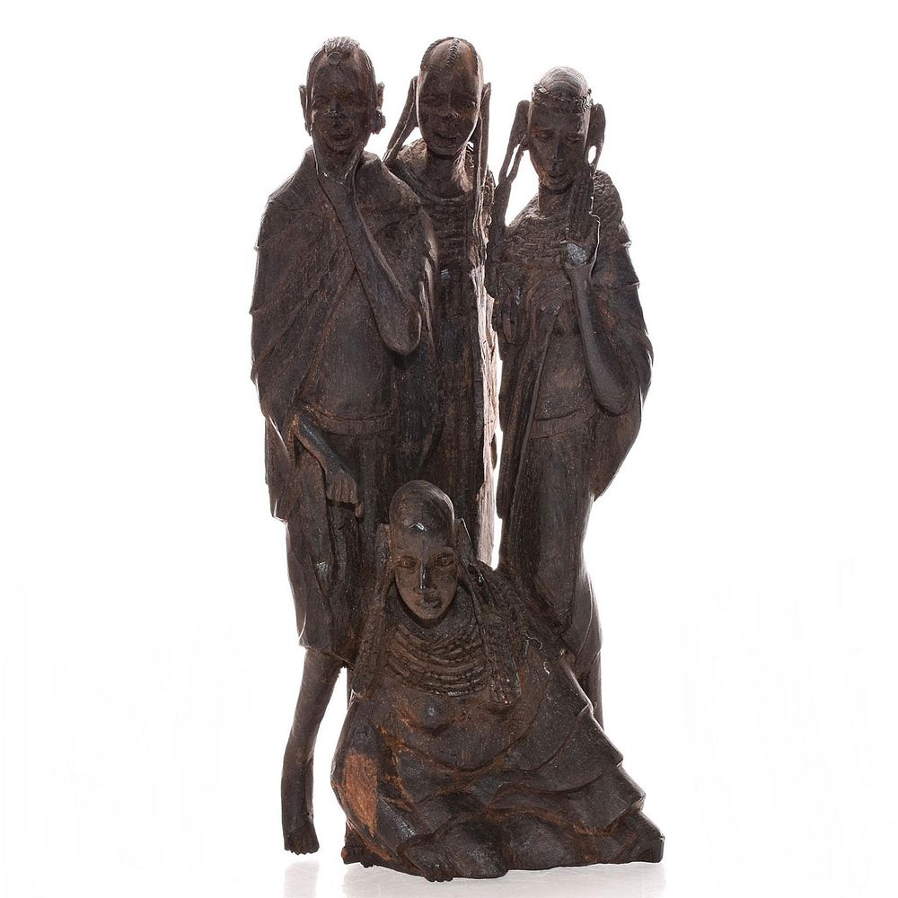 Appraisal: HAND CARVED AFRICAN FIGURAL GROUP SCULPTURE intricately carved figures in