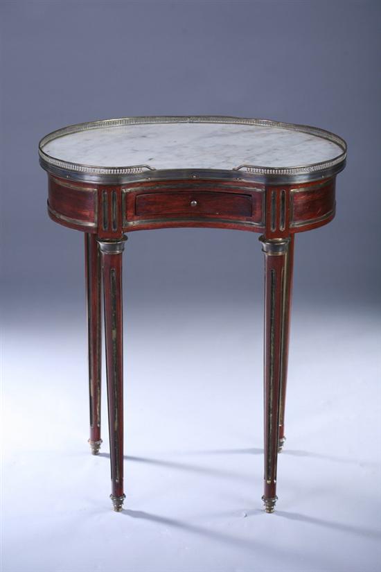 Appraisal: FRENCH LOUIS XVI STYLE MARBLE-TOP SIDE TABLE th century Metal-mounted