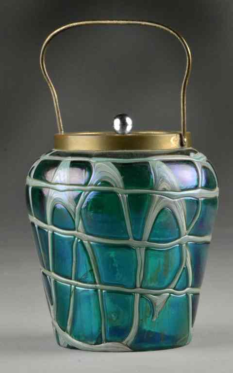 Appraisal: Loetz Style Ribbon Glass Bisquit JarBlue Green tapering glass jar