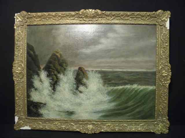 Appraisal: Oil on canvas painting depicting waves breaking upon a rocky