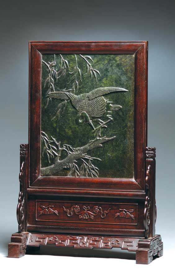 Appraisal: CARVED SPINACH JADE SCREEN Finely carved Chinese spinach jade tablescreen