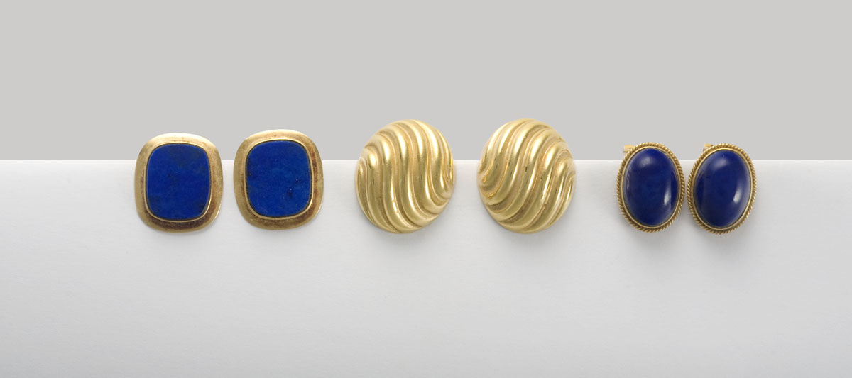 Appraisal: THREE PAIRS OF LAPIS AND GOLD EAR CLIPS One with