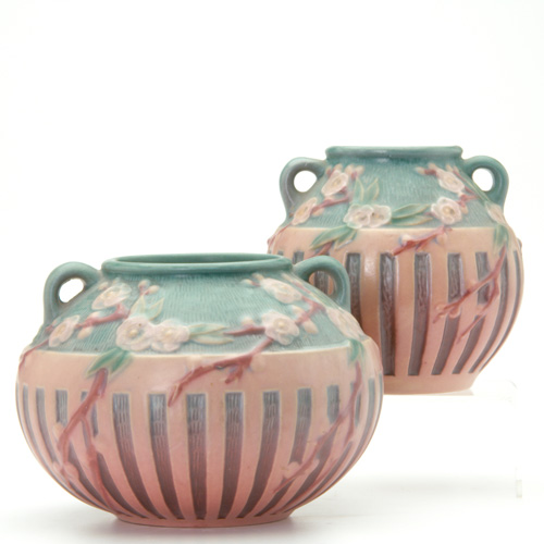 Appraisal: ROSEVILLE Two pink Cherry Blossom vases one spherical the other