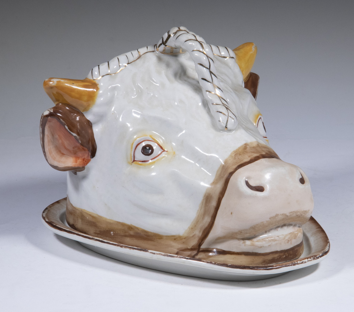 Appraisal: STAFFORDSHIRE COW HEAD CHEESE DISH th c English Ceramic Lidded