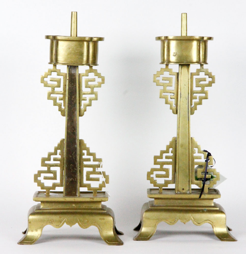 Appraisal: - Pr th C Chinese Brass Candle Holder Pair of