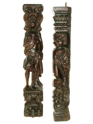 Appraisal: Two Continental th th century carved wooden figural posts Originally